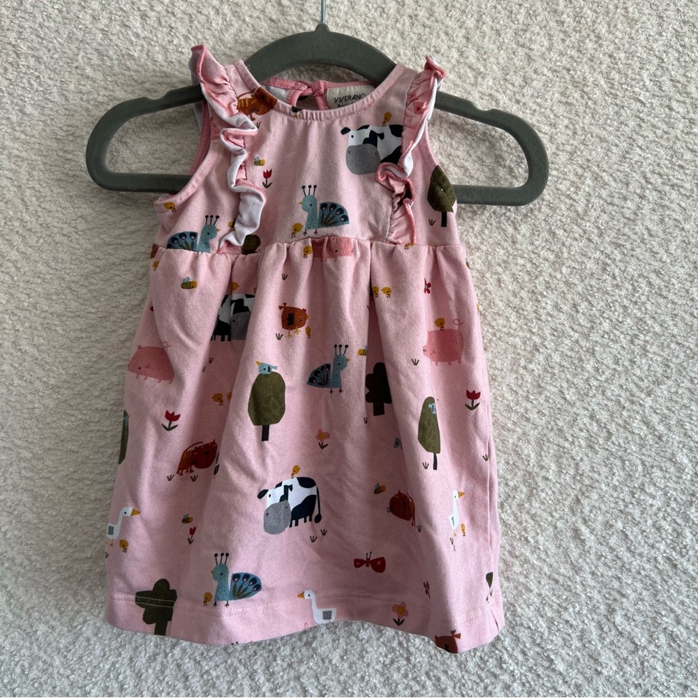 Viverano Baby Infant Farm Pink‎ Dress Organic Cotton Stretch Size 0-3 Months